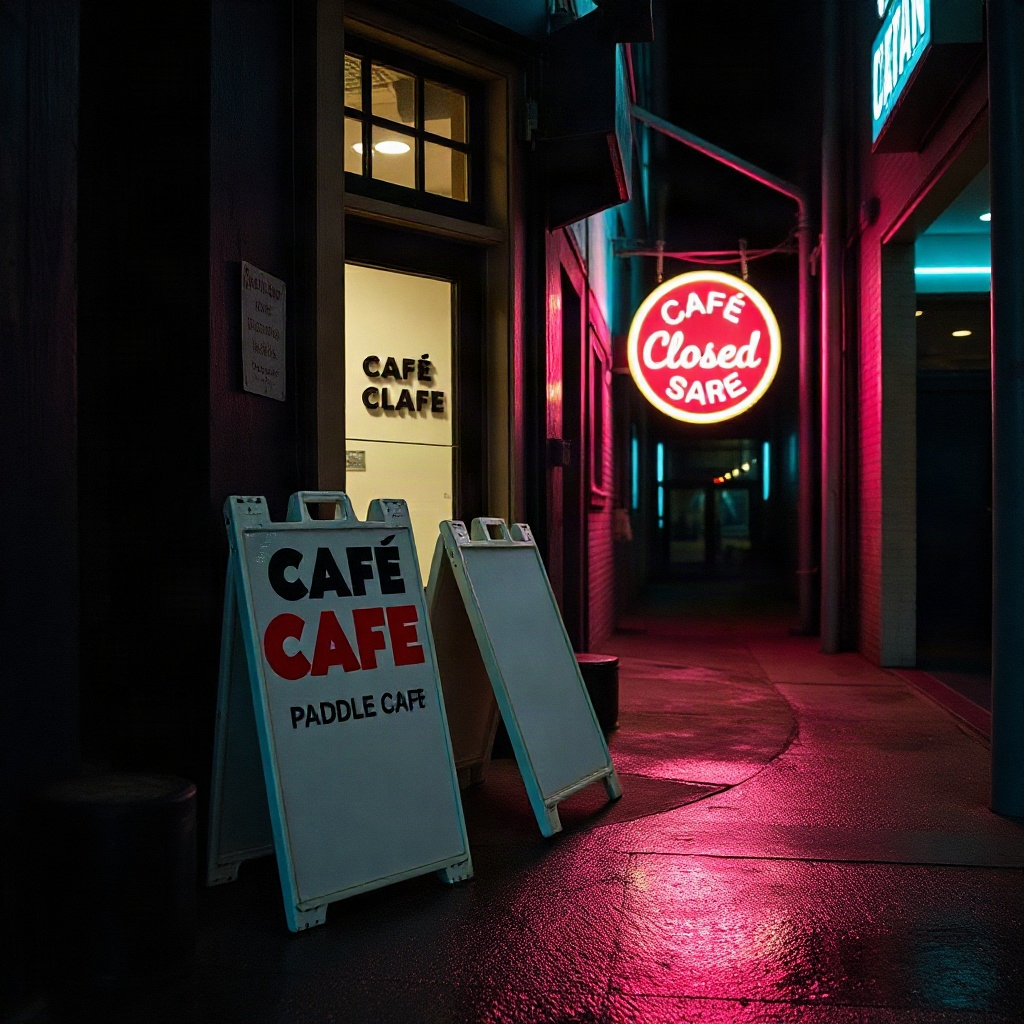 Cafe doorway at night with sidewalk paddles on the curb