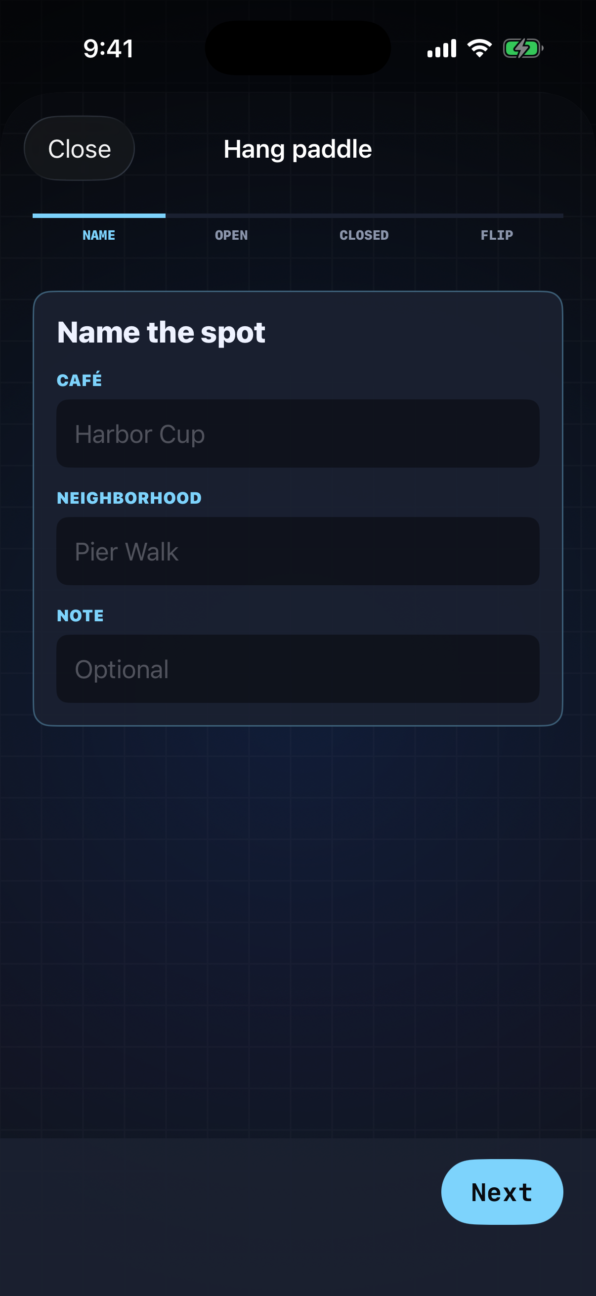 Hang flow naming a cafe and neighborhood
